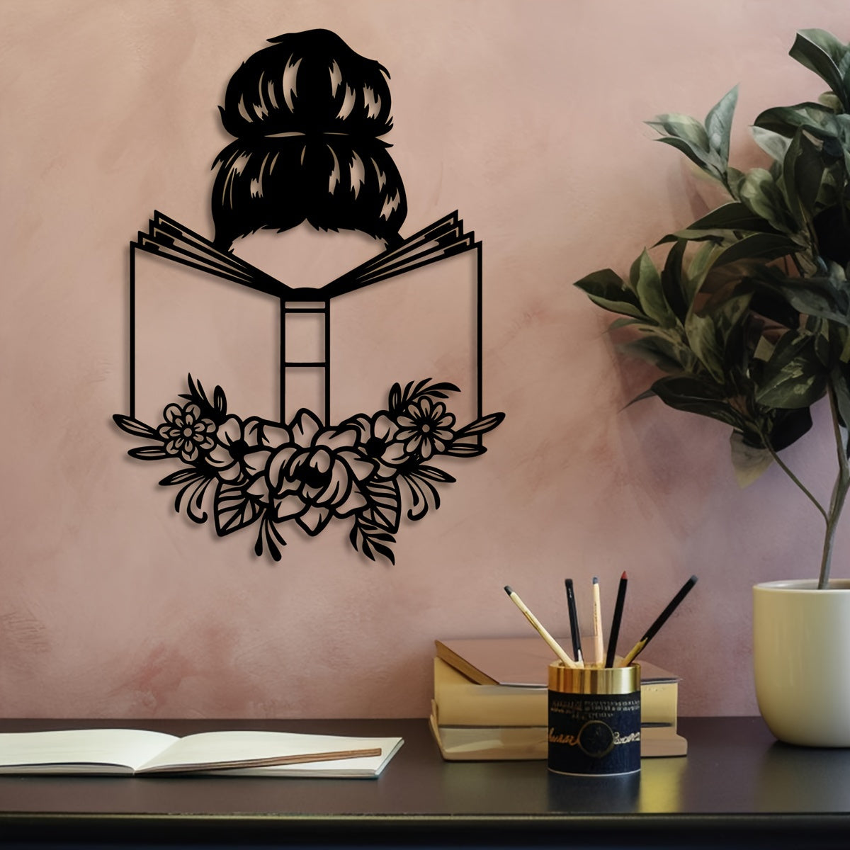 1pc Elegant Metal Wall Art - "Reading Woman with Floral Accents" | Ideal for Book Lovers & Home Decor | Unique Iron Gift for Reading Enthusiasts, Perfect for Room Decor