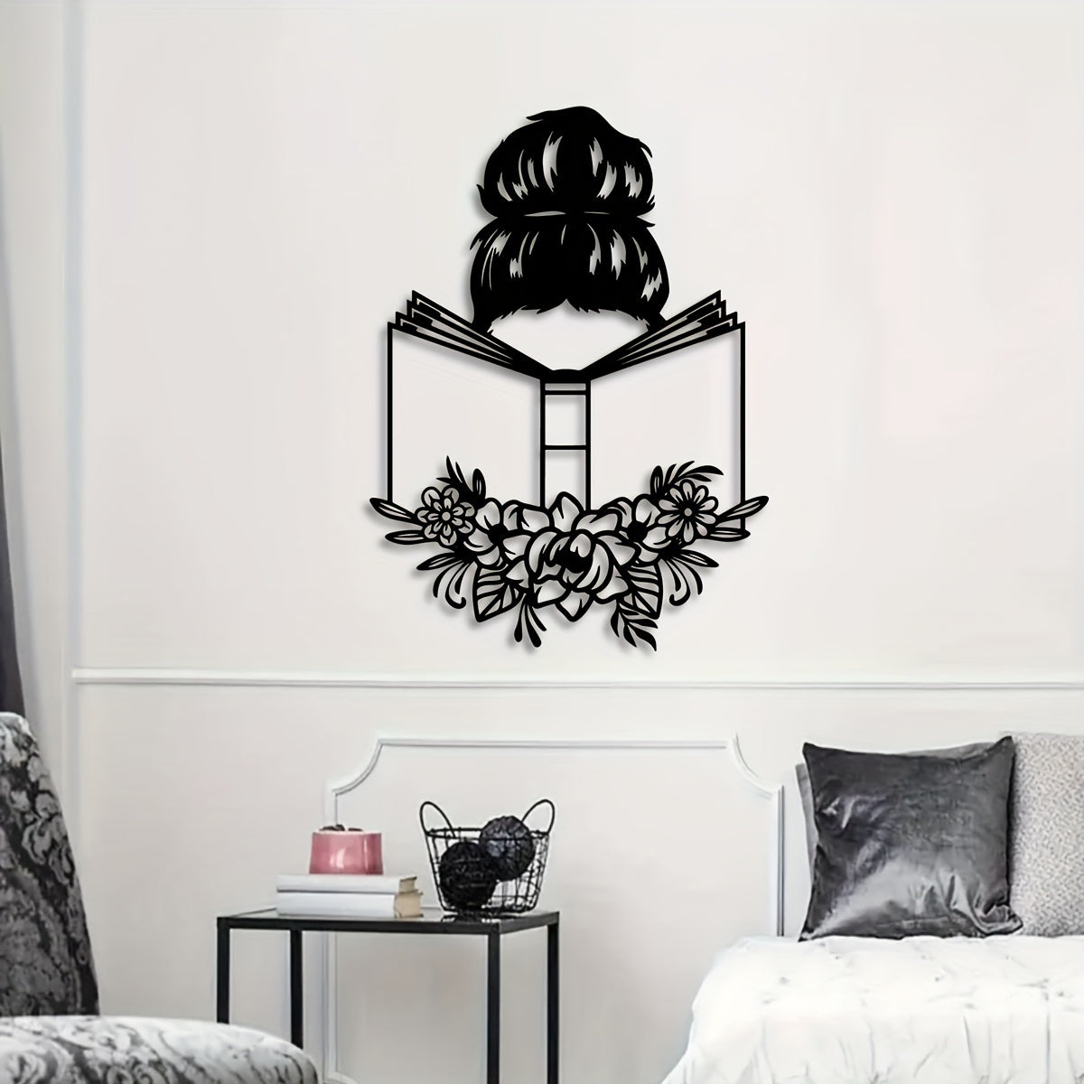 1pc Elegant Metal Wall Art - "Reading Woman with Floral Accents" | Ideal for Book Lovers & Home Decor | Unique Iron Gift for Reading Enthusiasts, Perfect for Room Decor
