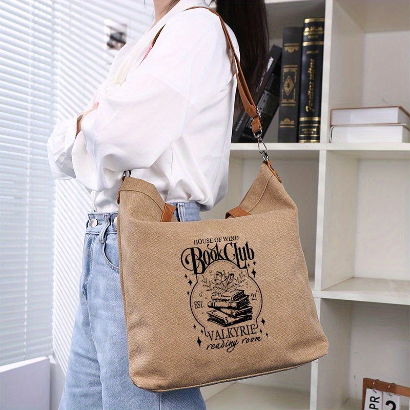 1pc Book Club Canvas Tote Bag for Women, Fashionable Large Capacity Shoulder Bag with Adjustable Strap, Unlined, Digital Print, Machine Washable, Secure Closure with Buckle, Spacious Interior