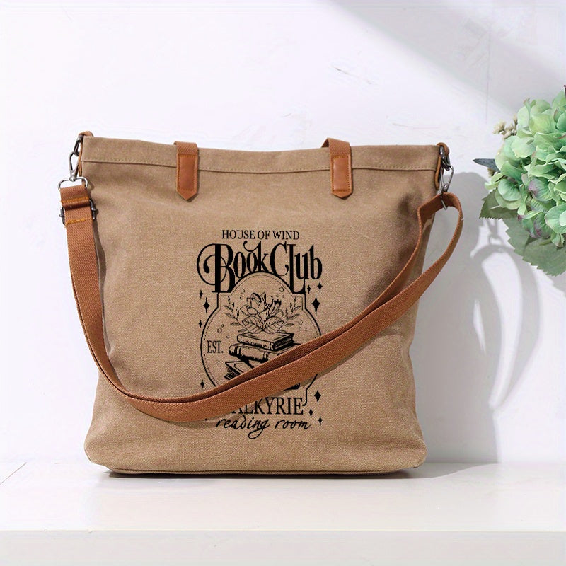 1pc Book Club Canvas Tote Bag for Women, Fashionable Large Capacity Shoulder Bag with Adjustable Strap, Unlined, Digital Print, Machine Washable, Secure Closure with Buckle, Spacious Interior