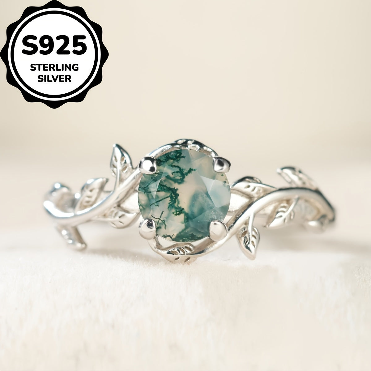 Elegant Vintage-Inspired 925 Sterling Silvery Ring with Round Moss Agate & Leaf Design - Unique, Simple Chic Daily Wear Gift