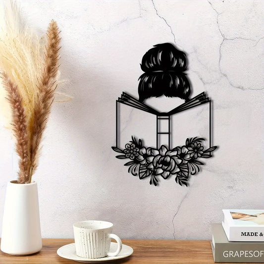 1pc Elegant Metal Wall Art - "Reading Woman with Floral Accents" | Ideal for Book Lovers & Home Decor | Unique Iron Gift for Reading Enthusiasts, Perfect for Room Decor