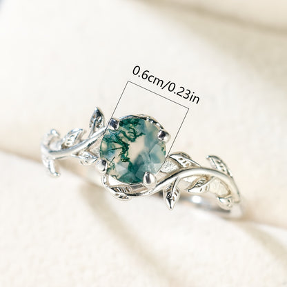 Elegant Vintage-Inspired 925 Sterling Silvery Ring with Round Moss Agate & Leaf Design - Unique, Simple Chic Daily Wear Gift