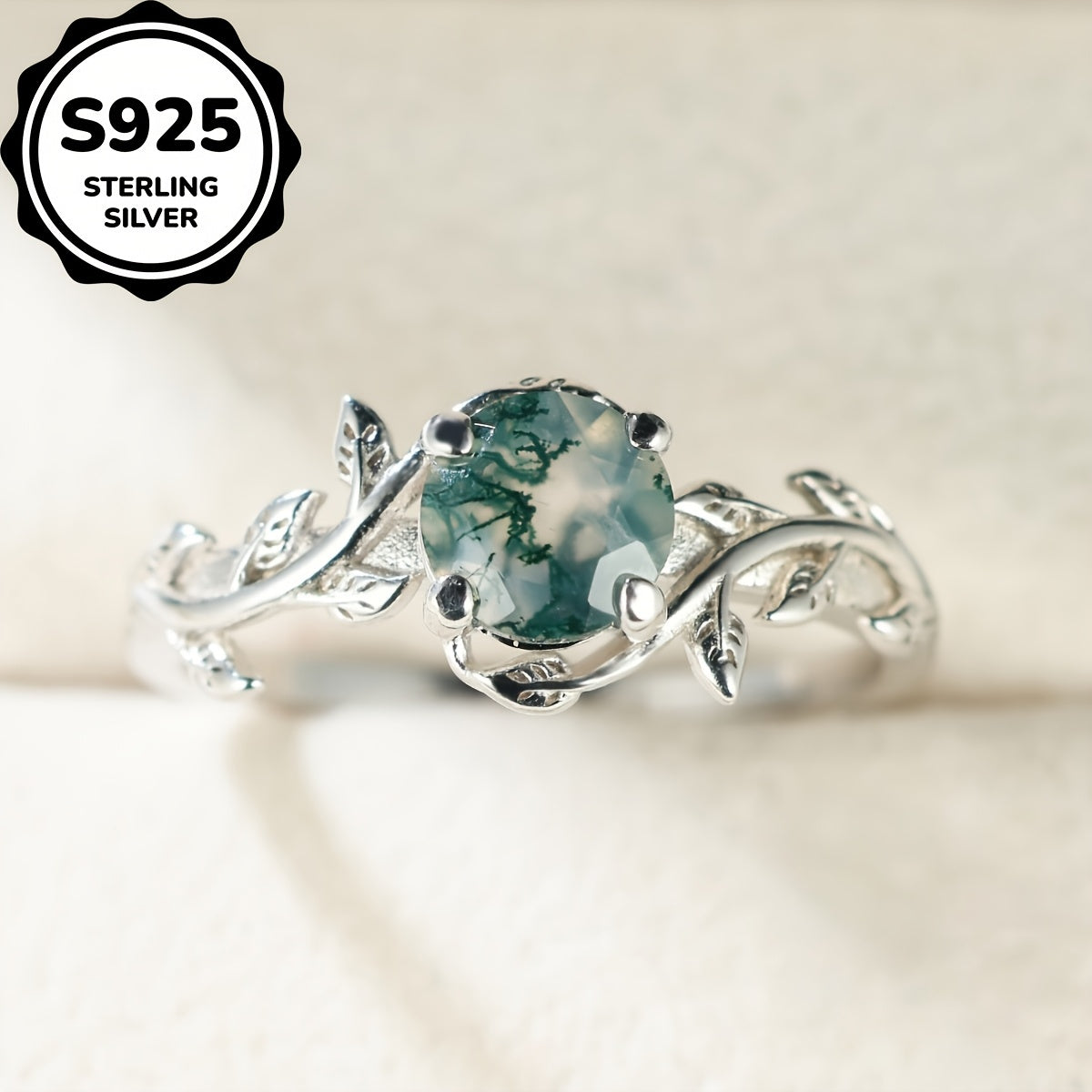 Elegant Vintage-Inspired 925 Sterling Silvery Ring with Round Moss Agate & Leaf Design - Unique, Simple Chic Daily Wear Gift