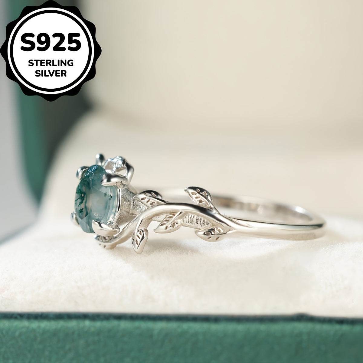 Elegant Vintage-Inspired 925 Sterling Silvery Ring with Round Moss Agate & Leaf Design - Unique, Simple Chic Daily Wear Gift