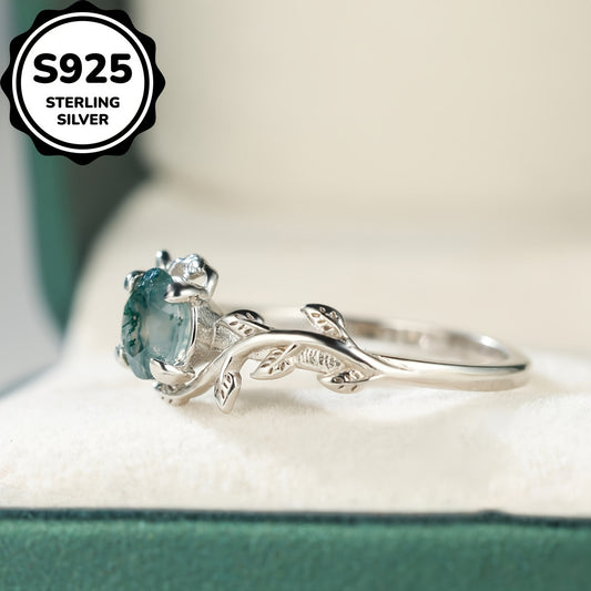 Elegant Vintage-Inspired 925 Sterling Silvery Ring with Round Moss Agate & Leaf Design - Unique, Simple Chic Daily Wear Gift