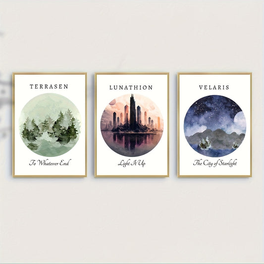 3-Piece Unframed Watercolor Art Poster Set - Vibrant Literary Print for ACOTAR, Crescent City, Throne Of Glass Fans