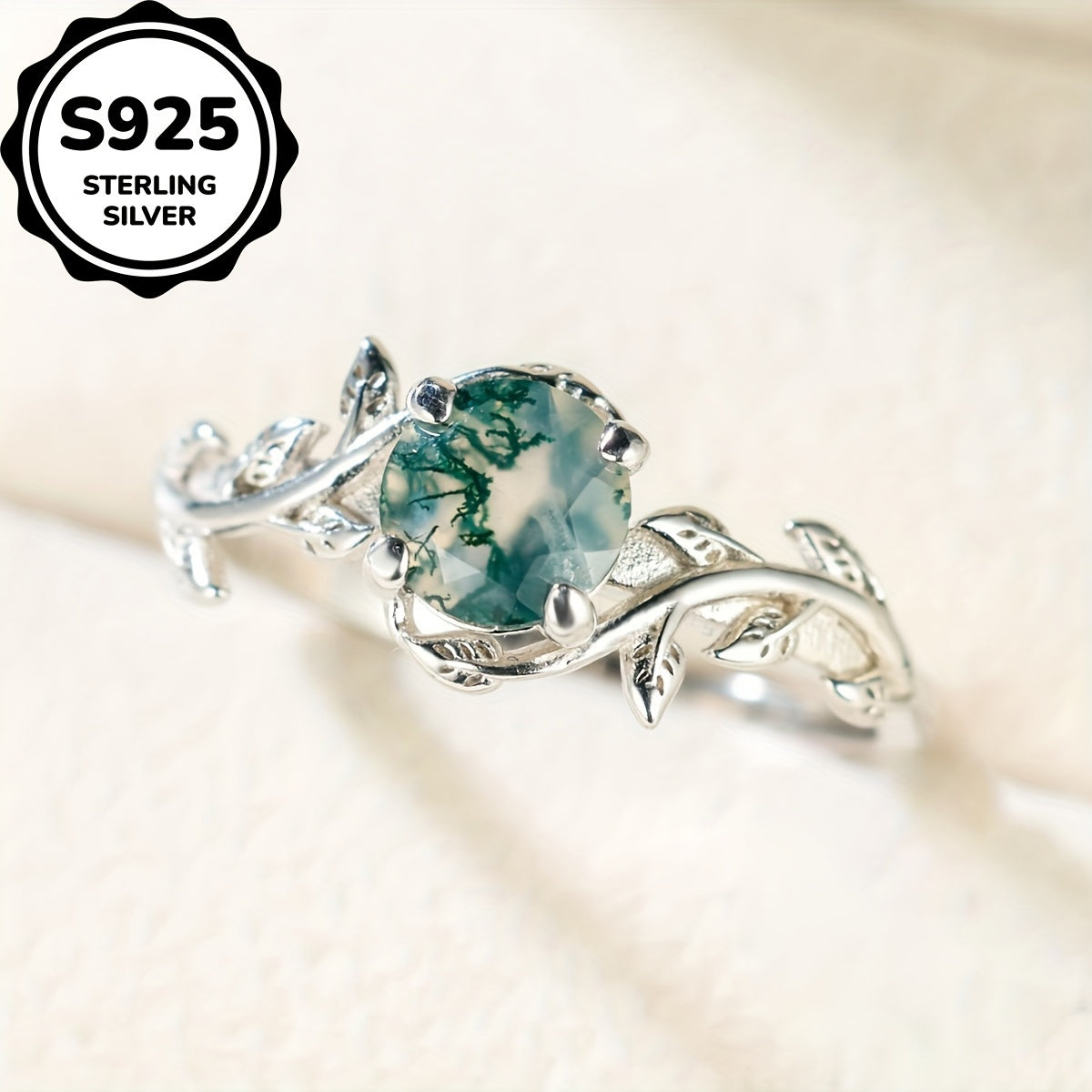 Elegant Vintage-Inspired 925 Sterling Silvery Ring with Round Moss Agate & Leaf Design - Unique, Simple Chic Daily Wear Gift